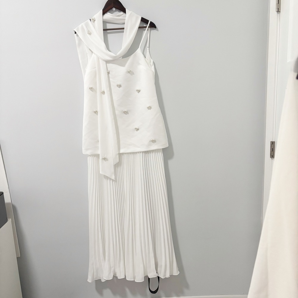 Six Stories Two Piece Dress Set Womens UK 8 White Pearl Pleated Maxi Bridal
